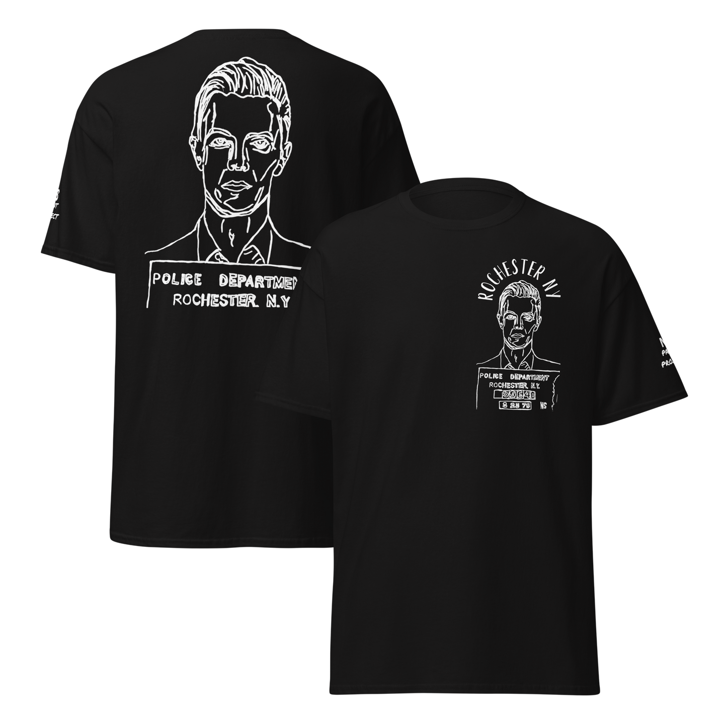 "David Bowie Mug Shot" front and back design T-Shirt (logo)