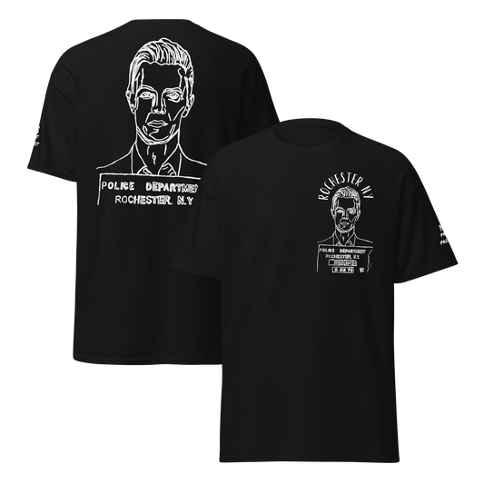 "David Bowie Mug Shot" front and back design T-Shirt (logo)