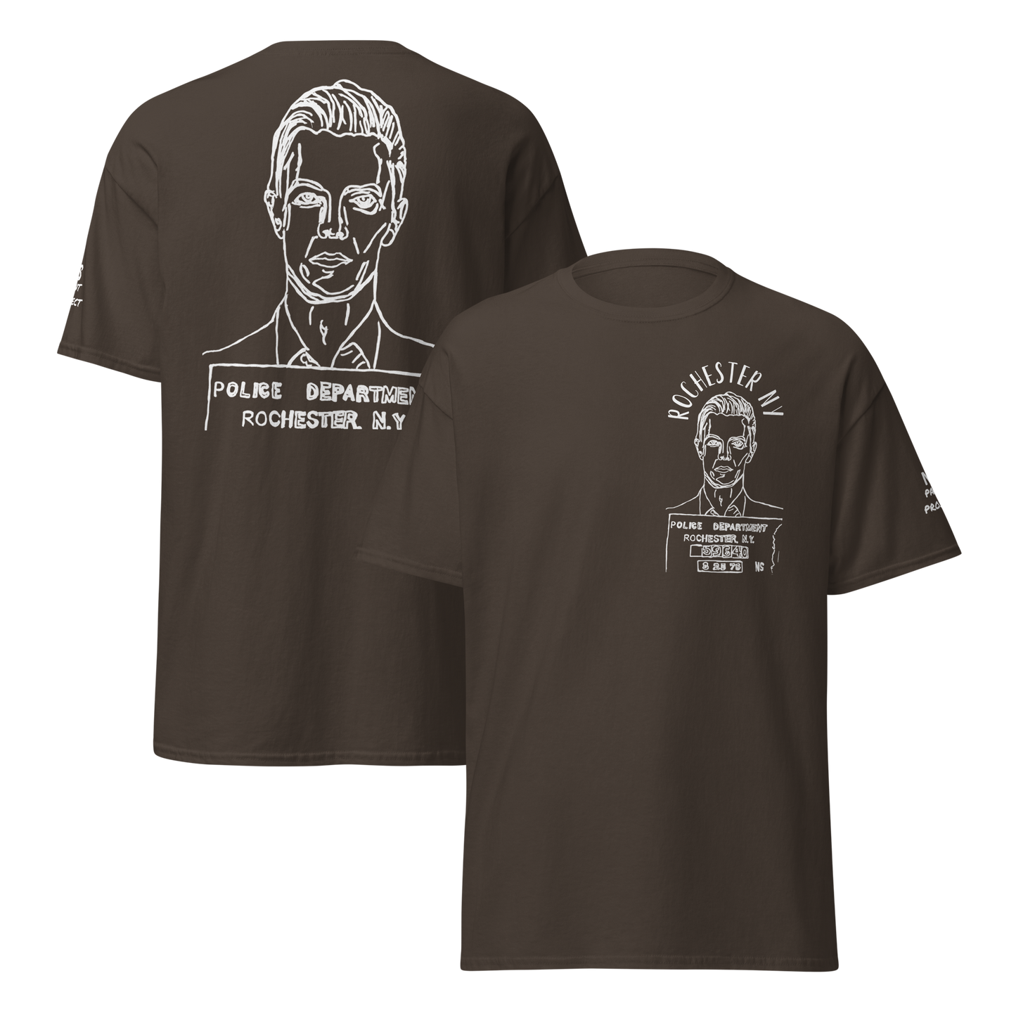 "David Bowie Mug Shot" front and back design T-Shirt (logo)