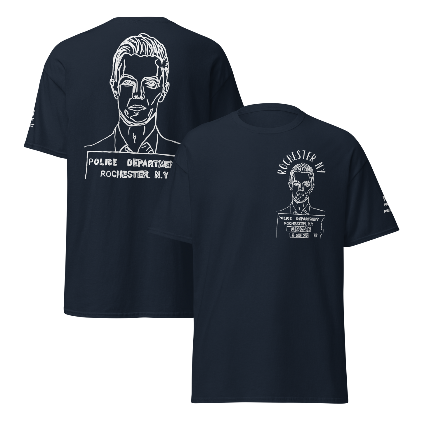 "David Bowie Mug Shot" front and back design T-Shirt (logo)