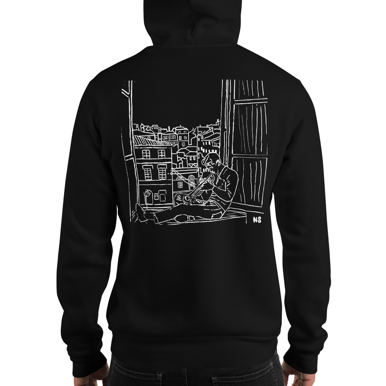 Black hoodie with a original white graphic design of Chet Baker in Romas on the back, displayed on a black background.