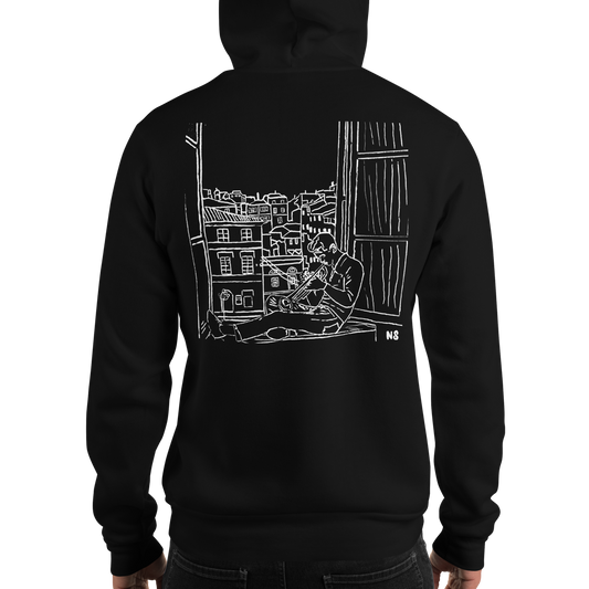 Black hoodie with a original white graphic design of Chet Baker in Romas on the back, displayed on a black background.